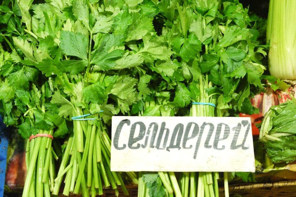Bunches of fresh celery with a sign