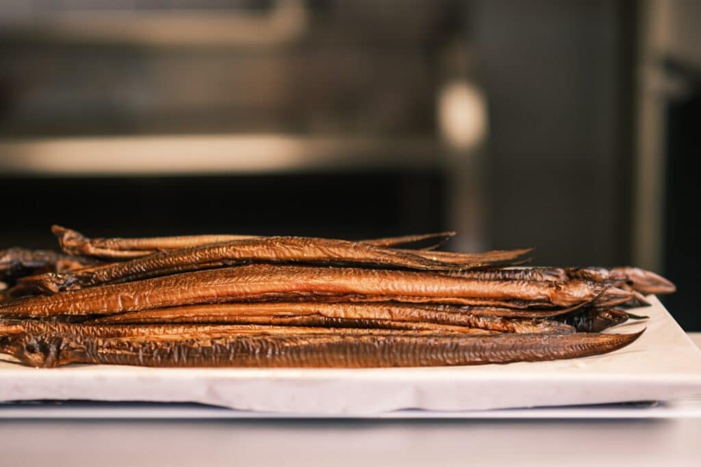 Smoked Paling,, At the best fish store in Urk.. De Jongens van de Fant..